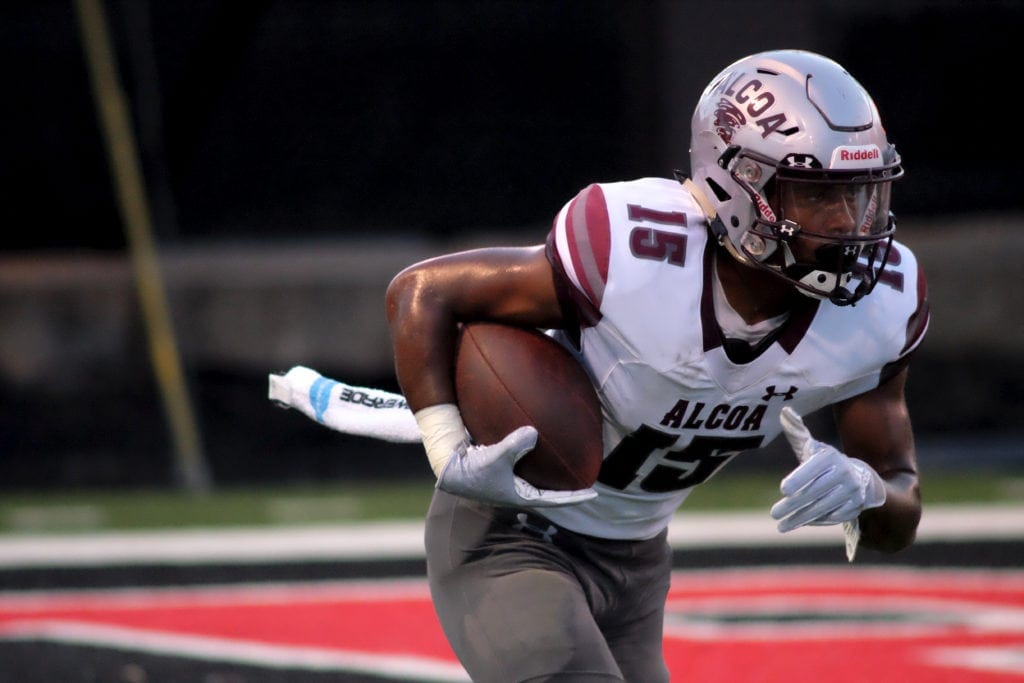 Alcoa's Ahmauud Sankey (15) returns a kick at Maryville on Friday, Sept., 7, 2018